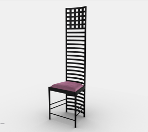 由Charles Rennie Mackintosh设计的Hill House 1:一把黑色的椅子，椅背上有平行的梯子状的吧台。此外，靠垫是一个粉红色的小座椅。