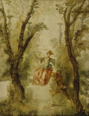 一名身穿红蓝相间连衣裙的女子在两棵瘦小的树之间摇摆，一名男子推着她。