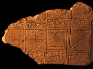 这个大片段来自含有数学练习和问题的平板电脑，写在Akkadian。它可以追溯到大约1700年的公元前1700年。右下角的文本说：“广场的一侧等于一个。我绘制了四个三角形。什么是表面积？