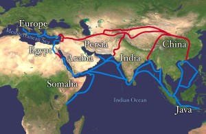 红色路线是原来的丝绸之路，蓝色路线是水/海的途中会随着时间的推移而发展。