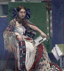 Bunte Bände(玛丽亚的肖像)，1912:一个女孩戴着两个蓝色的蝴蝶结，左手拿着一本书，穿着五颜六色的衣服。
