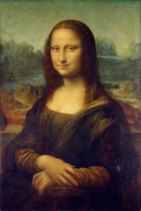 The Mona Lisa, portrait of a young woman with an enigmatic smile; in the foreground a natural landscape.