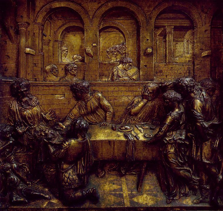 Le Festin d'Hérode，多纳泰罗，1423-1427:Une pièce en bronze sculptée sur Une surface plane, les figures sont difficiles à distinguer。