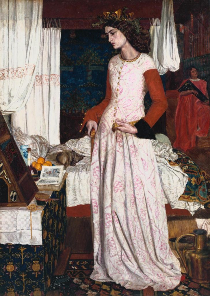 威廉·莫里斯:这是一幅画，画的是一位穿着白色连衣裙的女士站在床边，看起来很悲伤。