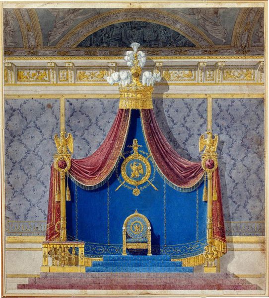 查尔斯·珀西耶和皮埃尔·方丹为拿破仑一世绘制的王位图:一个金色的大宝座，蓝色的背景和金色镶边的红色窗帘。