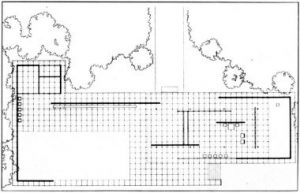 巴塞罗那馆的计划: A drawing of the building's plan.