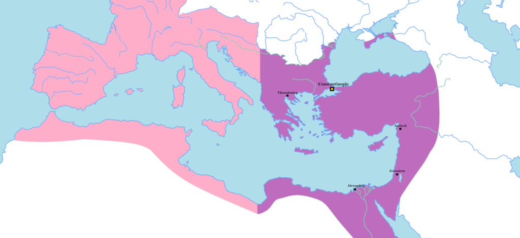 东罗马帝国的版图，用紫色描绘东罗马帝国。