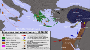 已故青铜时代地中海的地图表明了该期间的各种入侵和迁移。