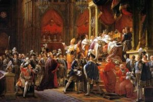 查理十世加冕画:男人穿着传统服装站在一个大房间里。这幅画用了强烈的红色、黑色和黄色。