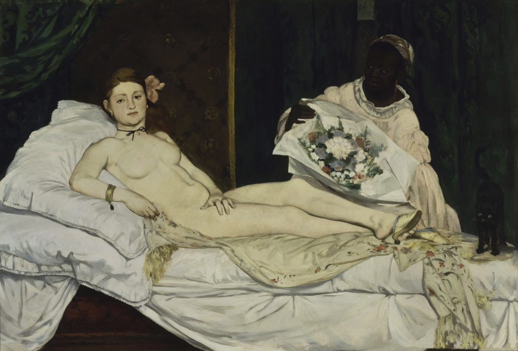 Édouard马奈《奥林匹亚》(1863)。这幅画的灵感来自提香的《乌尔比诺的维纳斯》。