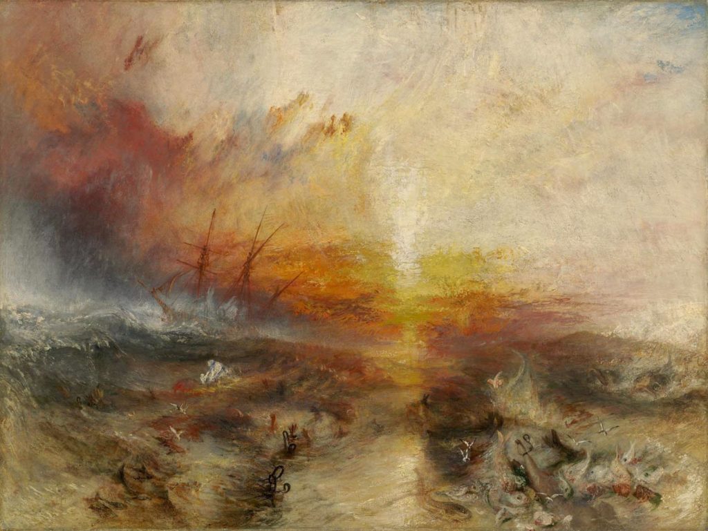 j·m·w·特纳，《奴隶贩子将死者抛入水中，台风即将来临》，1840年。