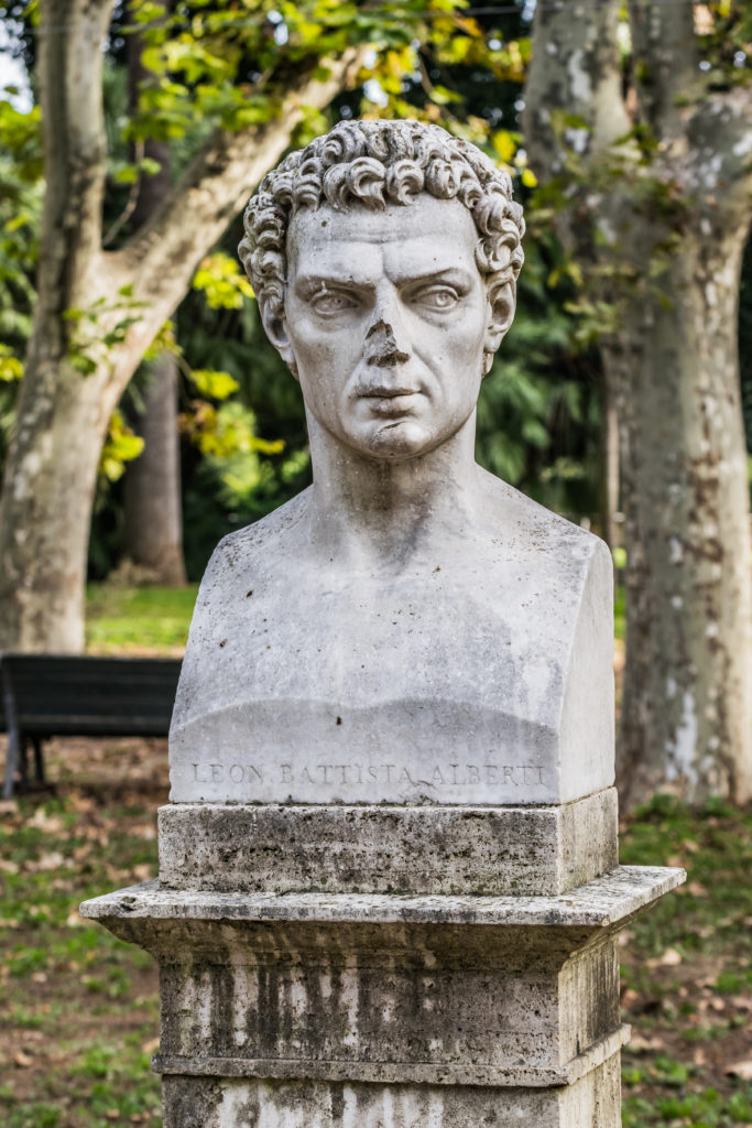 里昂·巴蒂斯塔·阿尔伯蒂的半身像，位于罗马博尔盖塞别墅的花园里
