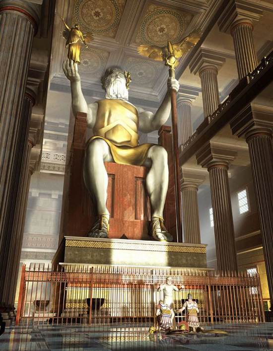 在奥林匹亚重建的宙斯雕像，右手拿着耐克，左手拿着权杖。
