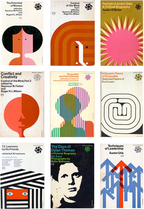 9种不同的书籍封面，由Rudolph de Harak设计，着重于简单苛刻的平面设计元素。