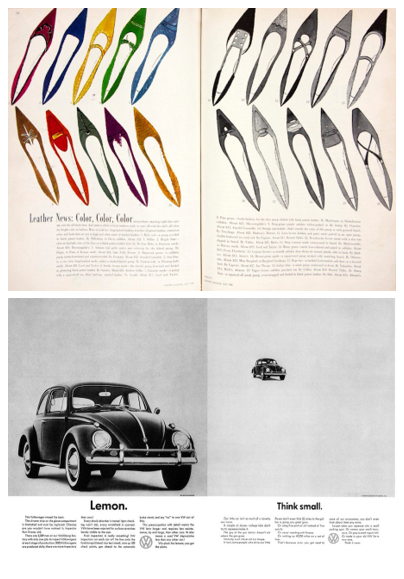 在e depois: 1952年航空杂志上,com o texto em fonte serifada estilo livro, justificado à esquerda e à direita para criar retângulos simétricos, ilustrados por desenhos (de Andy Warhol); 1962, a ilustração agora é fotográfica, a fonte sem serifa, o alinhamento, nivelado à esquerda; por Helmut Krone.