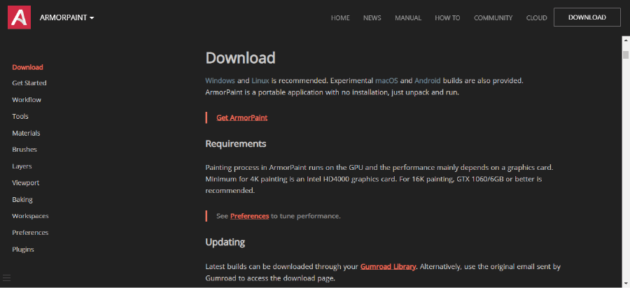 Screenshot of the download section of the main website