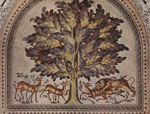 观众室马赛克:一棵树上镶嵌着3个类似农牧神的生物，其中一个被狮子攻击。