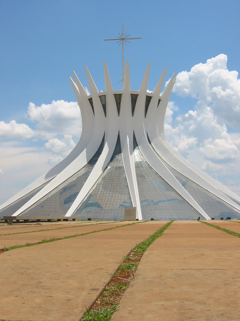 The Cathedral of Brasilia, with the four statues and the bell tower.