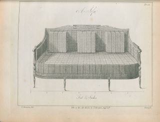 Livro de Thomas Sheraton, desenho de um sof.com três almofadas。