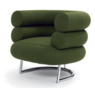 灰色Bibendum椅:绿色蓬松的结构，细金属腿。