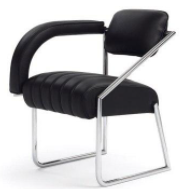 Non Conformist chair, black seat, back and singular armrest with metal legs.