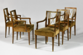 Chairs, photo of five chairs placed in two rows.