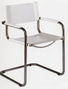 Mart Stam's natural leather chair: A dark metal legged and armed chair with white a white leather cushion and back.