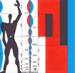 模数，无数创造性概念和想法的基础;勒·柯布西耶:这是一幅抽象画，左边有一个人形，还有蓝色、红色和黑色的几何形状。