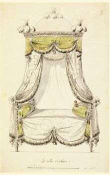 罗马风格的床的设计图:它有一个黄色的顶篷，两端有两个黄色的枕头。