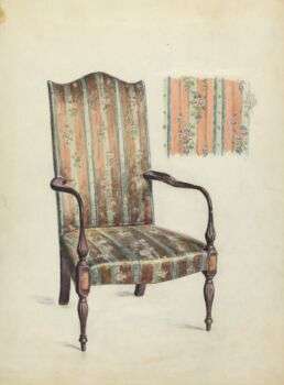 heplewhite扶手椅的图纸，带有明显温暖的花卉设计和中等木材腿和扶手。