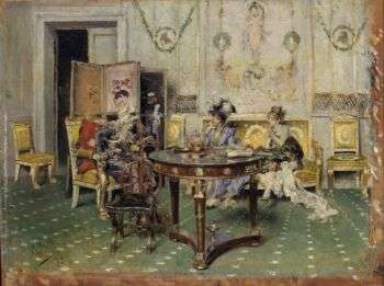 Biedermeier style room painting. Two young ladies and an older woman are drinking tea together while sitting on sofas.