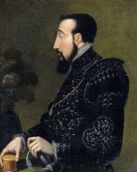 法国国王亨利二世，身穿黑色服装，面部毛发深色，皮肤苍白。
