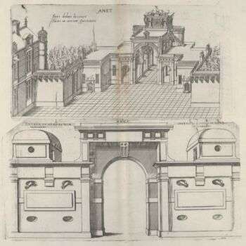 内景法院的院子,额观点of the Defense Mechanism at Chateau d'Anet. Engraving, 1607.