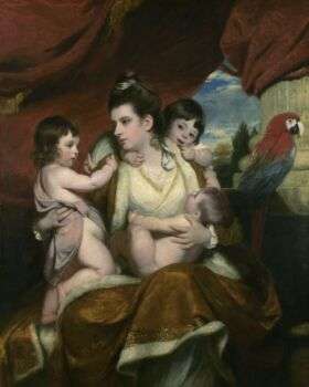 考克伯恩夫人和她的三个大儿子画像。一位妇女抱着她的三个孩子站在那里，其中一个还是个婴儿。在照片的右下角有一只猩红色的鹦鹉。