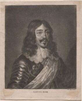 路易十三的黑白肖像。他留着尖尖的胡子，小胡子和齐肩的卷发。
