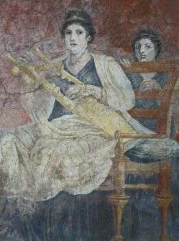 罗马共和国晚期，公元前50-40年，意大利博斯科里尔，P Fannius Synistor别墅接待厅的壁画，一个坐着的女人在演奏Kithara