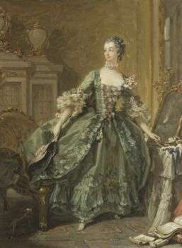 蓬帕杜夫人的肖像素描，她穿着一件绿色华丽的连衣裙，背景是模糊的金色。