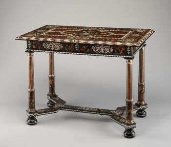 桌子，归功于皮埃尔·戈莱(约1620-1684)，橡木和果木贴面玳瑁，染色和天然象牙，乌木，和其他木材;镀金的铜。