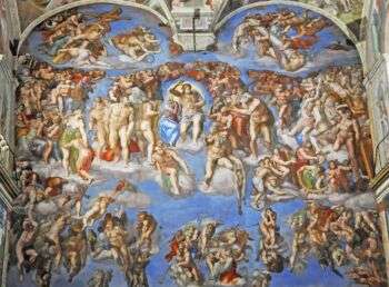 梵蒂冈西斯廷教堂墙上的《最后审判》壁画照片。蓝色、红色和绿色栩栩如生，各种各样的人，在天堂般的环境中被展示出来。