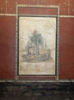 那不勒斯博物馆143:石板上的别墅画。这幅画挂在红棕色的墙上，有着各种各样的艺术特色。