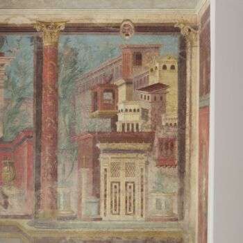 来自P. Fannius Synistor at Boscoreale别墅的小隔间(卧室):别墅的壁画，左边画着一根红色的柱子，右边画着各种长方形的建筑。