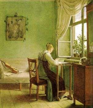 一个painting of a girl embroidering at a table in front of an open window. The whole piece has a green cast to it.