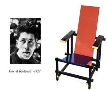 Gerrit Rietveld e la sua sedia: Rietveld a destra e la sua famosa sedia a destra.