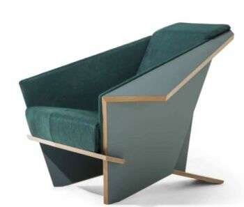 Sedia Taliesin Origami di Frank Lloyd Wright, 1949: Una sedia verde-blu con un accento marrone lungo il bordo.
