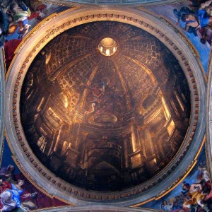 安德烈·波佐(Andrea Pozzo)在圣伊格纳齐奥(Sant’ignazio, 1685)的错视穹顶(trompe-l’oeil dome)的幻觉视角，在实际上是一个微凹的油漆表面上，创造了一个真实建筑空间的幻觉。