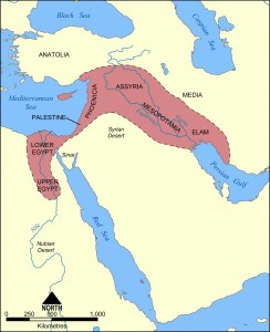 这张地图显示了新月沃土的位置和范围，该地区位于中东，包括古埃及;黎凡特;美索不达米亚。