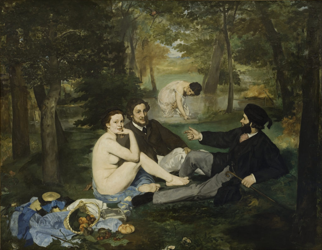 一个在法兰西艺术院年度沙龙的拒绝艺术作品。爱德华·马奈的”草地上的午餐（草地上的午餐）”（1863年）