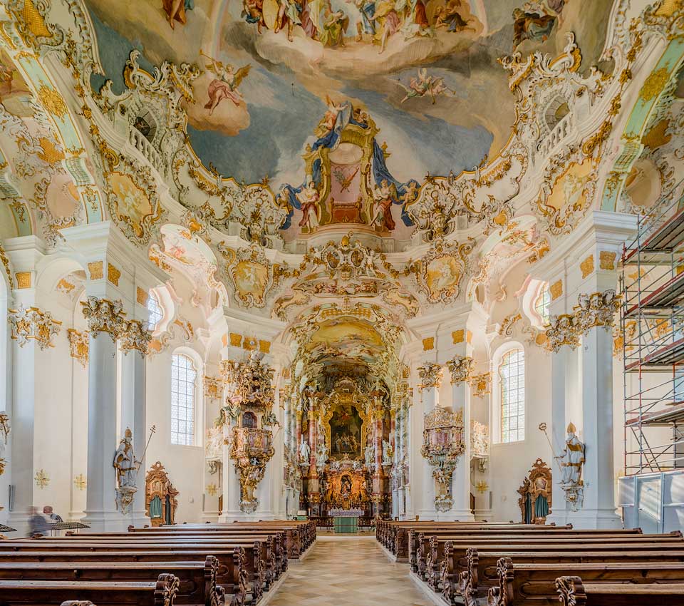 Wieskirche教会在巴伐利亚，德国。该建筑是巴洛克式架构的典型例子。